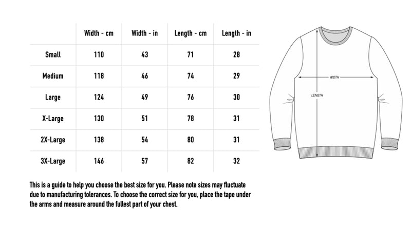 Size chart for TRFS Embroidered Sweatshirt - Dark Navy