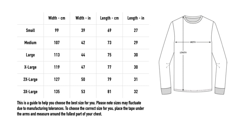 Size chart for Glow Longsleeve - Black
